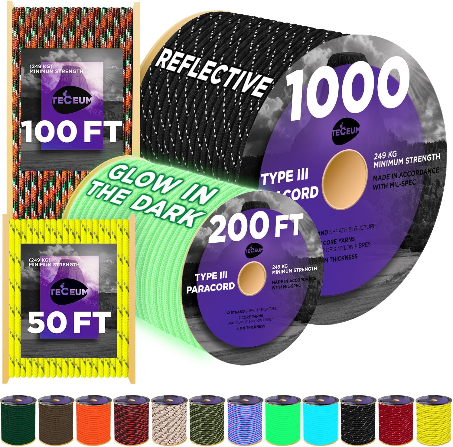 Para Cord 1000Ft - Reflective Paracord Rope 1000ft – 550lb